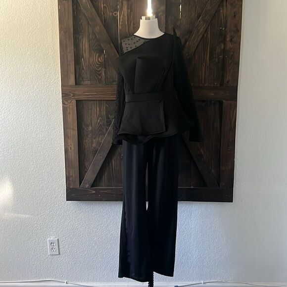 New Beaded Formal Long Sleeve Patchwork Mesh beaded Irregular Jumpsuit  Black - Picture 3 of 11